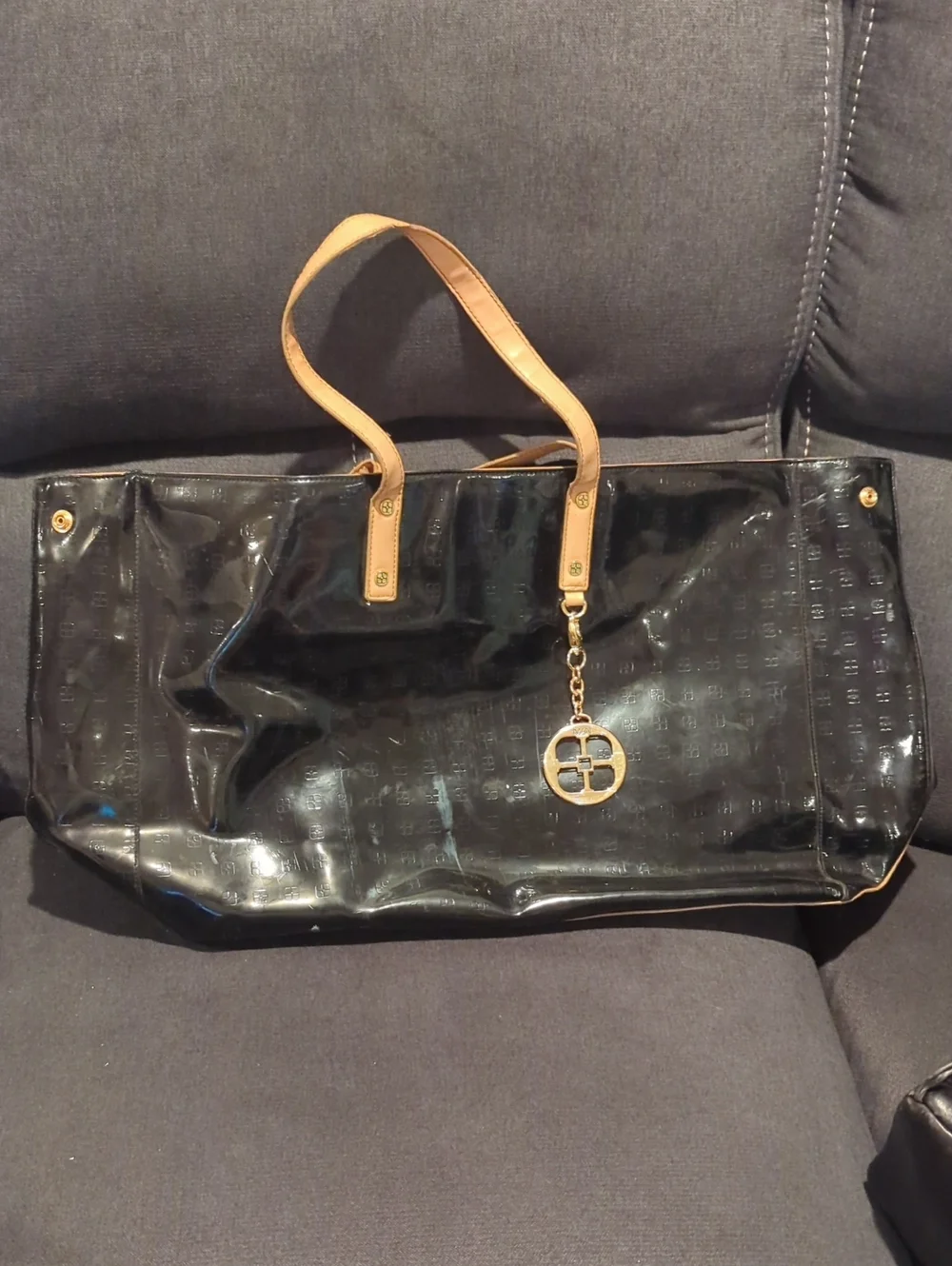 IMAN Black Patent Tote with Tan Handles and Gold Charm